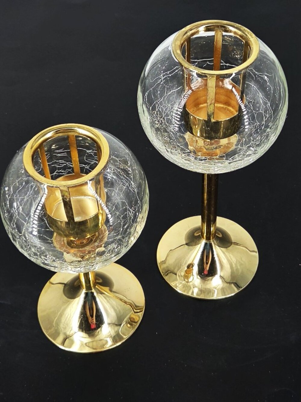 VTG Pair Spherical Crackle Glass Globes Gold Metal Tea Light/Votives MCM 7" & 9"